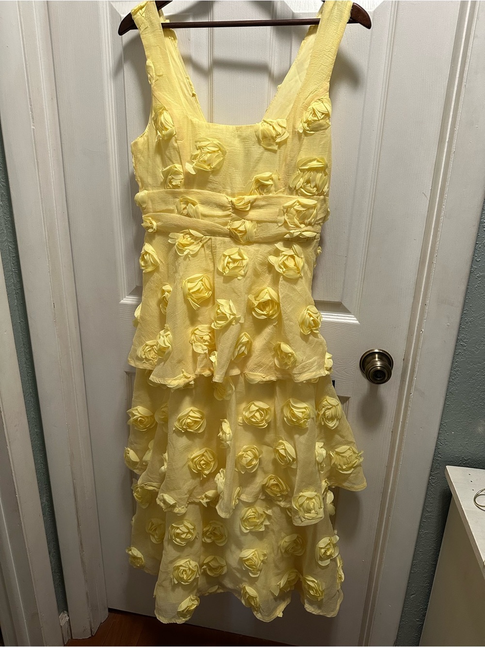 Lulu's Yellow Floral Appliqué Tiered Midi Dress